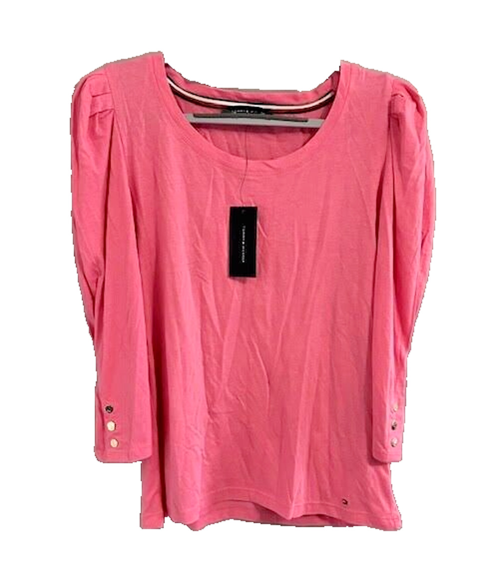 NWT Tommy Hilfiger Womens Medium Pink Puff Sleeve Knit Top 3/4 Sleeve Stretch